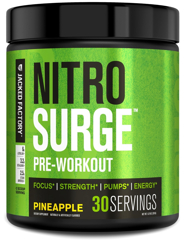 Jacked Factory NITROSURGE PreWorkout Supplement - Endless Energy, Instant Siła Zyski, Clear Focus, Intensywne pompy - NO Booster & Potężny Pretrening Energy Powder - 30 Słupki, Ananas
