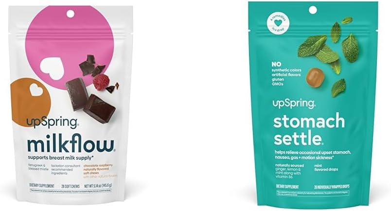 UpSpring Milkflow SoftChews, suplement do karmienia piersią z kozieradką & Błogosławiony Thistle + UpSpring stomach usadowić krople dla Okazjonalnych Nudności Ulgi / Upset Stomach z Ginger, Lemon, Spearmint i B6.