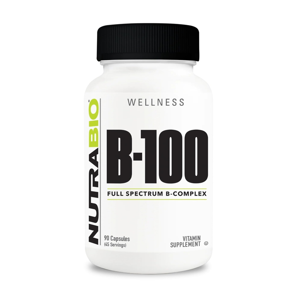 NutraBio B- 100, kompleks witamin B, wsparcie układu immunologicznego, zdrowe włosy, skóra, paznokcie, 90 Kapsułki roślinne