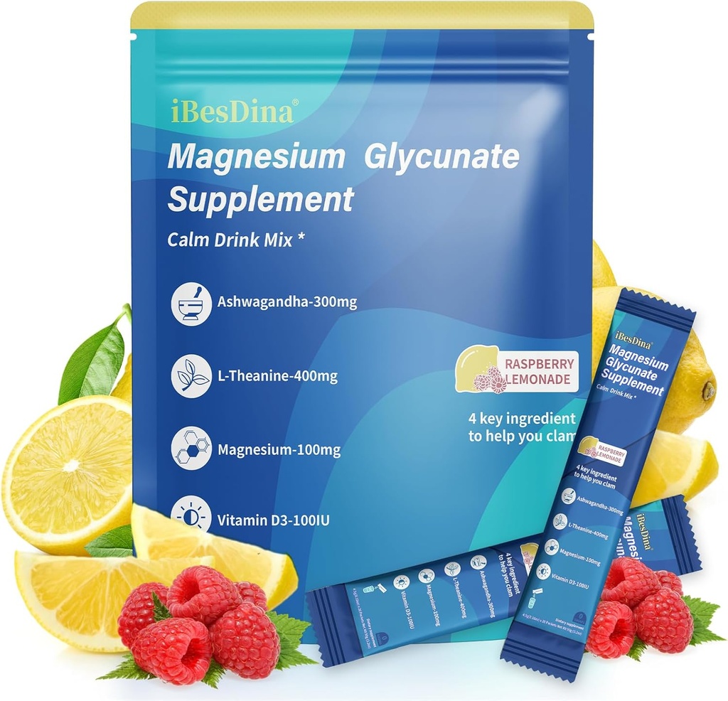 Cortisol Supplements for Women,Calm Drink Mix,Magnesium Glycinate,Ksm-66 Ashwagandha,Vitamin D 3, 20 On The Go Packets,Raspberry Lemonade,Supplements for Relaxation Sleep