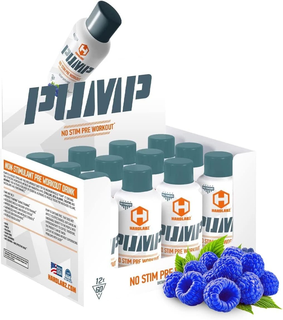 HARDLABZ PUMP - Niestymulant kofeina wolna potężne płynne przed-Workout Energy Shot z Citrulline, Beta- Alanina, Kreatyna, Arginina dla siły i Stamina, Zero Sugar, 2oz - 12 Pack