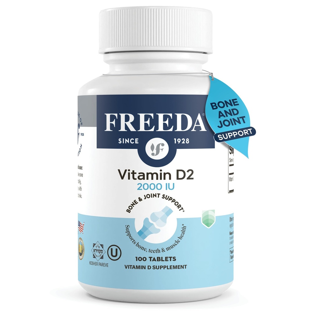 Witamina FREEDA D2 2000 j. m. - Witamina Wegańska D dla wytrzymałości kości i wsparcia immunologicznego - Suplement D2 do ergokalcyferolu wegańskiego - 100 małych tabletek