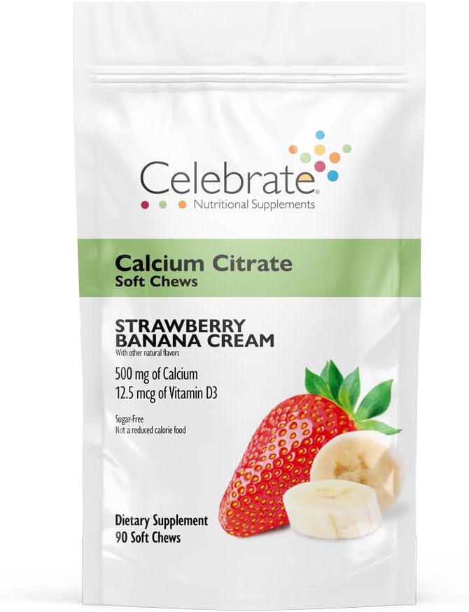 Świętuj Witaminy Bariatryczne 500 mg Wapnia Citrate Soft Chews z 500 IU Witamina D3 - Zasadnicze dla pacjentów Gastric Bypass & Bone Health - Sugar & Gluten Free, Truskawka Banana Cream (90 Chews)