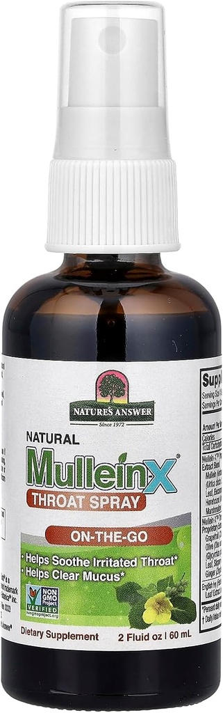 Mullein- X Throat Spray 2 Fluid Ounce Orange 124; On The Go Orange 124; Soothes Throat Orange 124; Clears Mucus Orange 124; Gluten Free, Non GMO, Vegetarian Orange 124; Natural Peppermint Flavor