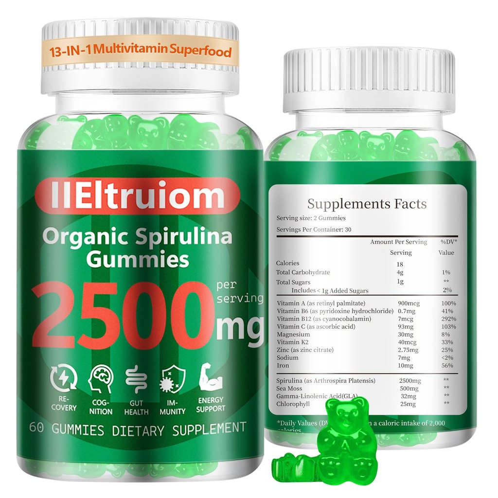 Organic Blue Spirulina Chlorella Gummies, 13- in-1 Super Zielone & Superfoods, Spirulina 2500mg Zwiększona dzienna energia z morza Moss, Chlorophyll, GLA, Gluten Free, 60 Gummies wegańskie