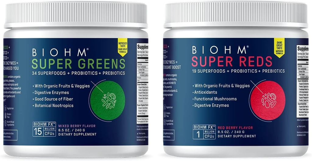 BiOHM Super Red and Greens Bundle, Superfood w proszku z probiotyki i enzymów trawiennych, Pakowane z antyoksydantami i polifenolami, Allergen Free, Non-GMO, Wegan - 30 Sług Każdy