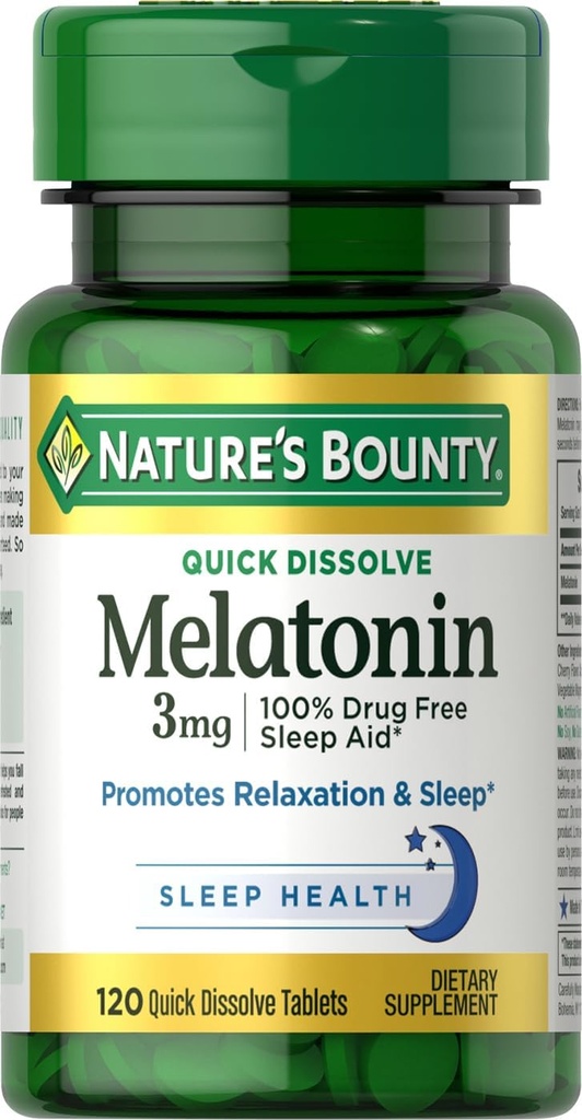 Nature 's Bounty Melatonin, Promotes Relaxation & Sleep, 100% beznarkotykowa pomoc na sen, 3 mg, 120 Szybko rozpuszczone tabletki