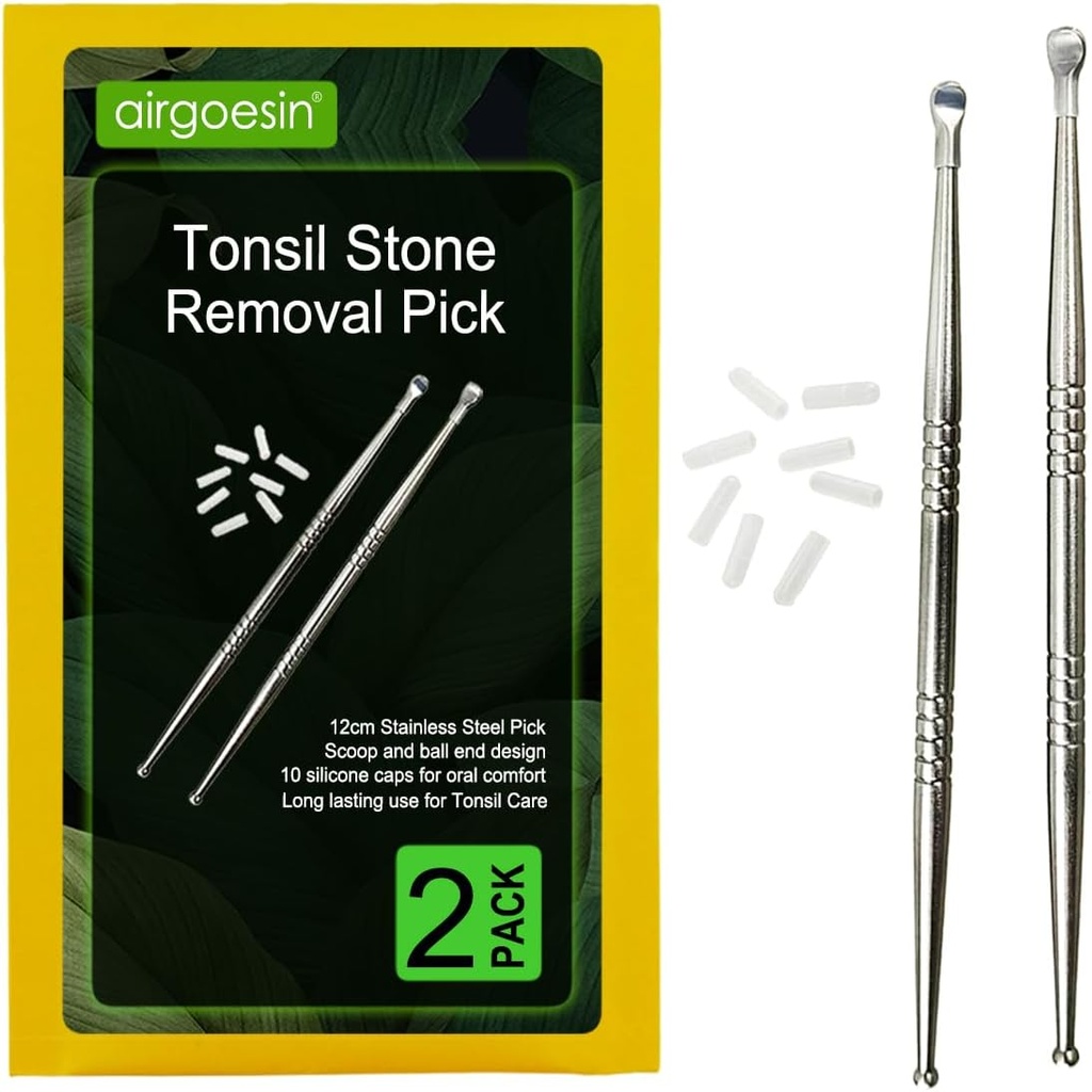 Airgoesin 2pcs Tonsil Kamień Usuwanie Pick Tonsillolith Premium Narzędzie Stal nierdzewna Oczyszczarka doustna z 10 Soft Silikon Czapki