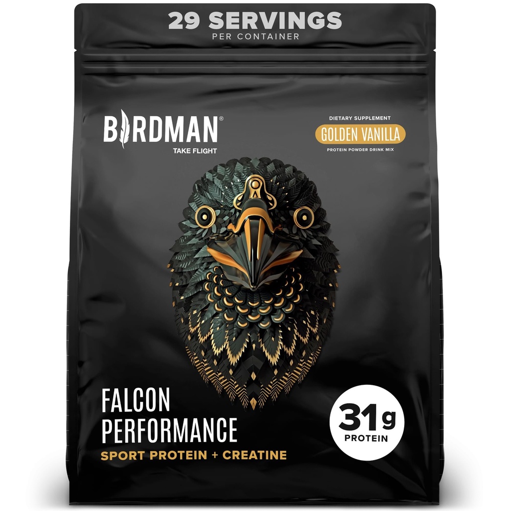 BIRDMAN Falcon Performance Vegan Protein Powder, 31g Protein, 5g Creatine, 5g BCAA, Probiotyki, Electrolytes, Pre Workout, Niskie węglowodany, Cukier wolny i Dairy Free, Roślina na bazie białka Vanilla, 29 Służenie