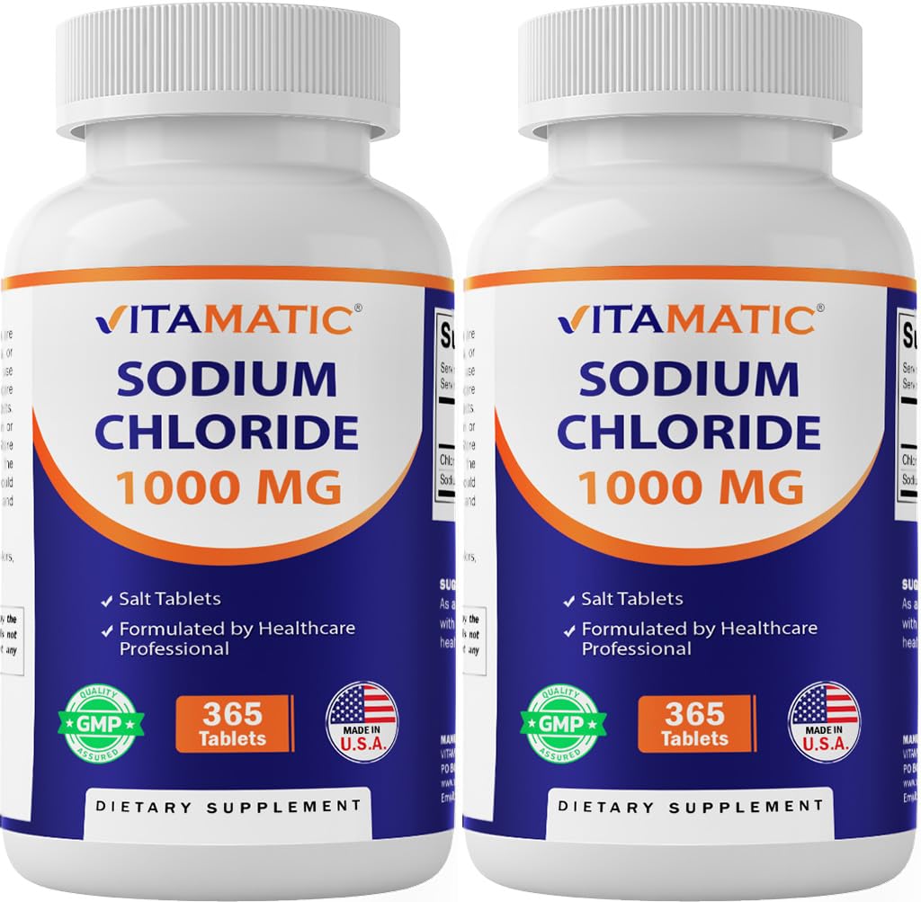 Vitamatic Sodu chlorek 1000mg - 365 Tabletki -2 Butelki Napełniacz elektrolitów i Hydration Support - Non-GMO, Gluten- Free