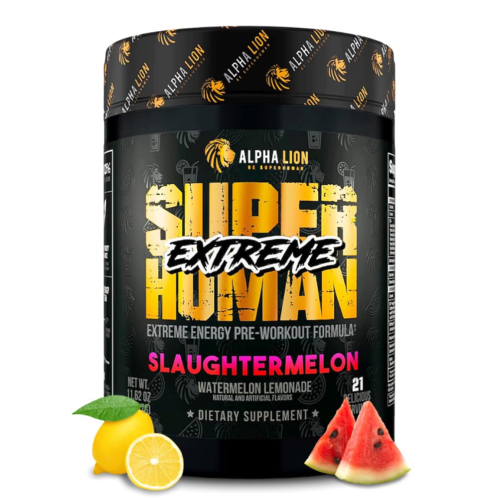 ALPHA LION Superhuman Extreme High Stim Pre Workout Powder, Beta Alanine, L- Tauryne & 356mg TriSource Cafeline for Sudden Energy, Nitric Oxide & Citruline for Pump (21 Servings, Slaghtermelon)