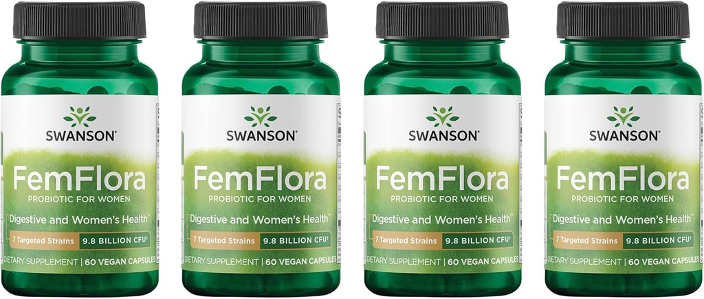 Swanson FemFlora - Feminine Probiotic Supplement Supporting Flora of The Mouth, GI Tract, and Vagina - Probiotics for Women with 9 Billion CFU Per Capsule - (60 Capsules) (4 Pack)