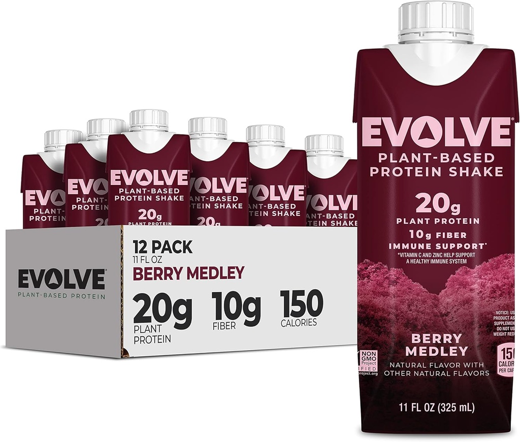 Evoluve Plant Based Protein Shake, Berry Medley, 20g Vegan Protein, Immune Support, Witamina C & Cynk, Dairy Free, No Artificial Sweeteners, Non-GMO, 10g Fiber, 11oz, (12 Pack) (Formula May Vary)