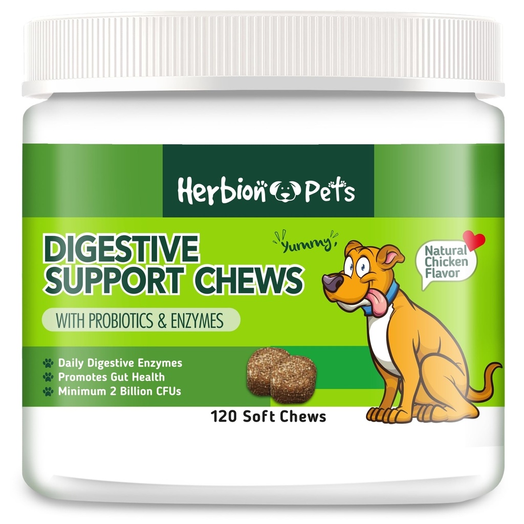 Herbion Zwierzęta domowe Digestive Support Chews with Probiotics & Enzymes, 120 Soft Chews, z Daily Digestive Enzymes, dla Ulepszony Gut Health, Minimum 2 Miliard CFU, Made in USA for Dogs 12 Weeks +, Pack 1