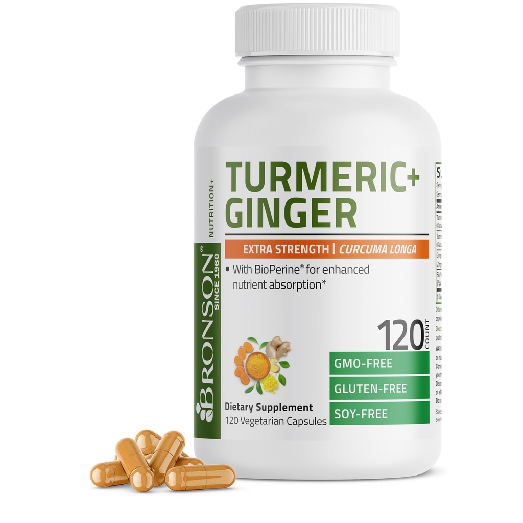 Bronson Turmeric + Ginger Extra Siła Wspólne Zdrowie i Przeżywanie Wsparcie z BioPerine, Non-GMO, 120 Kapsułki wegetariańskie