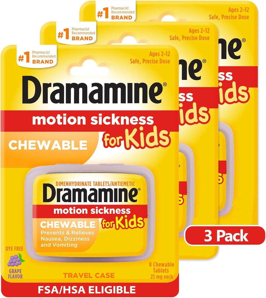 Dramamina Dzieci żuć, Motion choroby ulgi, Grape Flavor, 8 Hrabia, 3 Pack