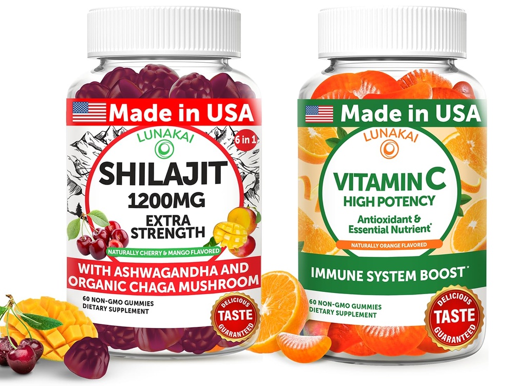 Lunakai USA Made Shilajit & Witamina C Wysoka potencja Gummies Bundle - Energia i wsparcie immunologiczne - Non-GMO & Pyszne