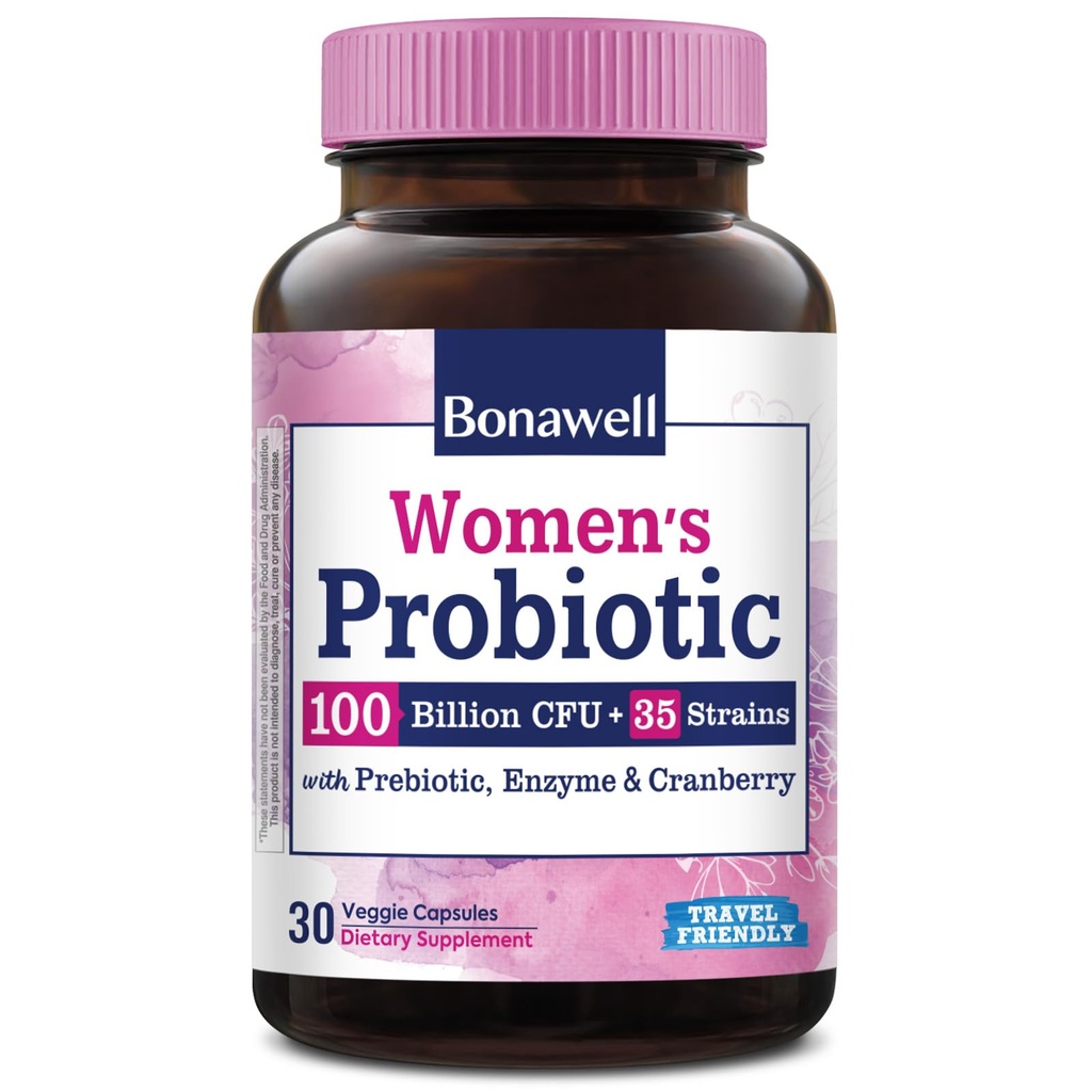 Bonawell Probiotyka dla kobiet 100B, z Prebiotyki, Enzymy i Żurawiny organicznej dla kobiet zdrowia pochwy, trawienie i odporność, Shelf- Stabilny, Delayed- Release, 30 Kapsle Veggie