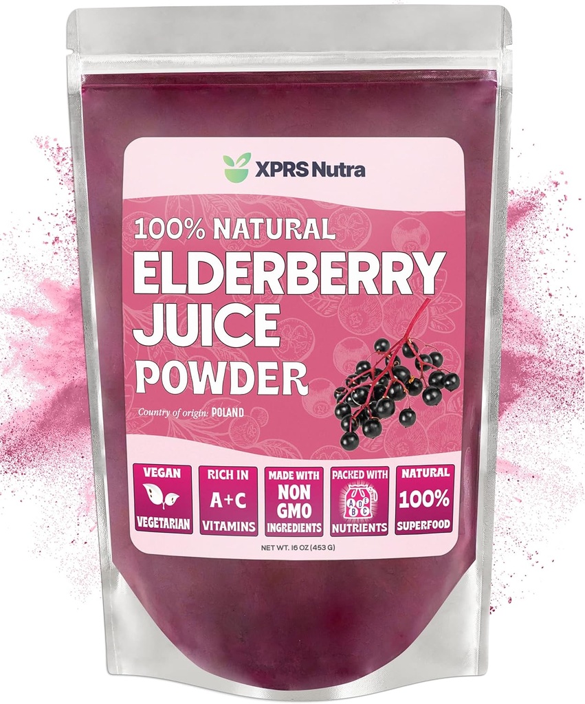XPRS Nutra Sok z jagody Elderberry w proszku - Proszek z jagody Elderberry Organic Fruit Juice Mix - Sproszkowany suplement z jagód Elderberry bogaty w witaminy A i C (16 oz)