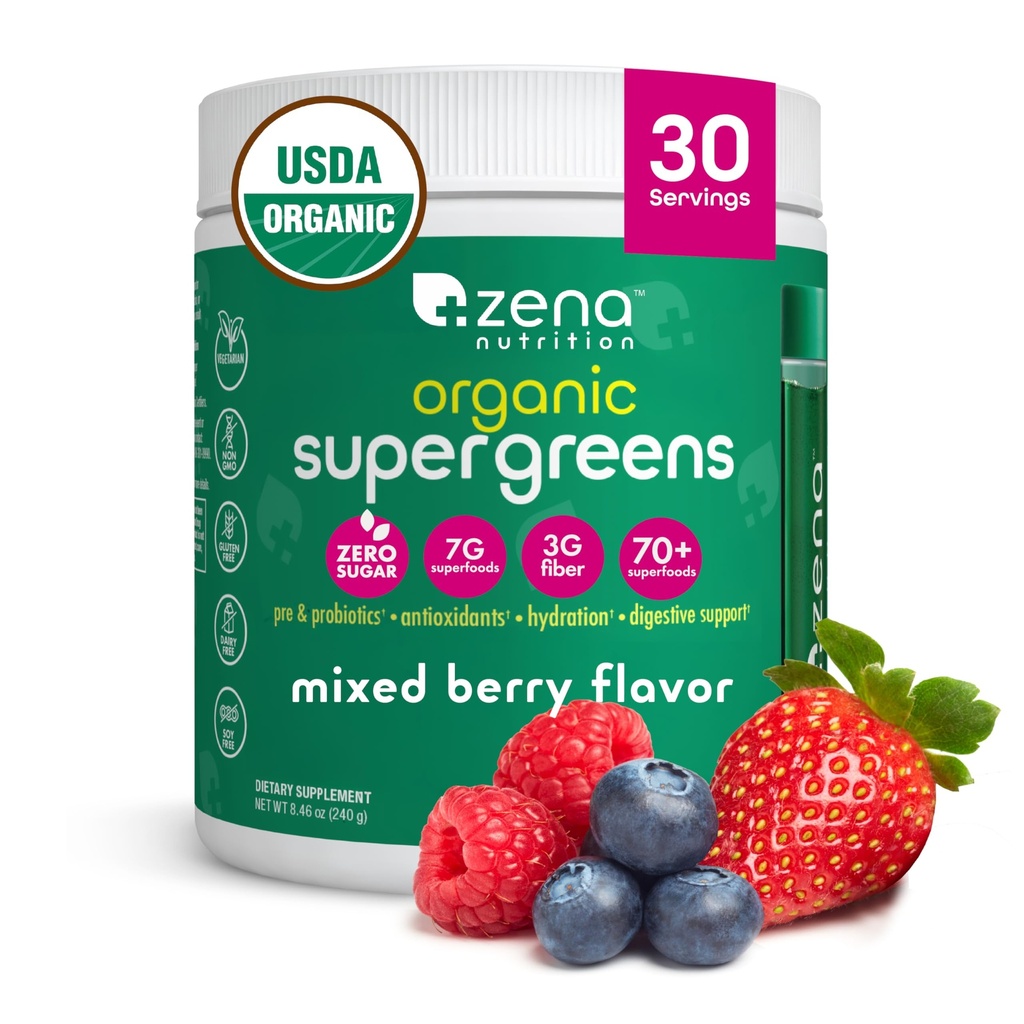 Zena Nutrition Organic Super Zielonych Proszek, 70 + Superfoods, 0 Cukier, 3G Fiber, Spirulina, Chlorella, Przeciwutleniacze, Prebiotyki / Probiotyki, Enzymy trawienne, Mieszane Berry, 30 Słupki