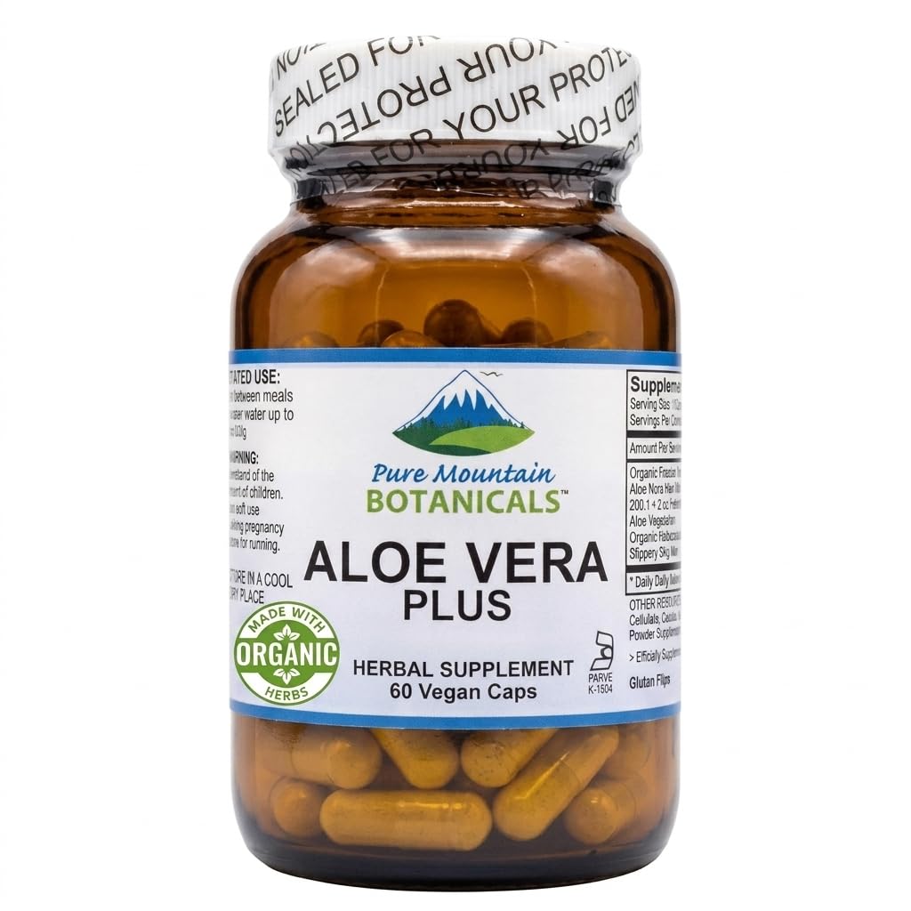 Pure Mountain Botanicals Aloe Vera Plus kapsułki. 200: 1 Ekstrakt. Kosher Organic Suszony Aloe Vera Gel, Marszałek Korzeń, Śliski Łoś