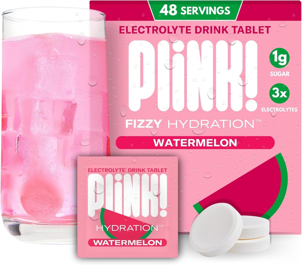 Plink! Fizzy Electrolyte Tablets dla dorosłych i dzieci - Arbuz, 48ct - Codzienne podlewanie elektrolitami - Niski cukier, Wegan, Keto Friendly, Non-GMO