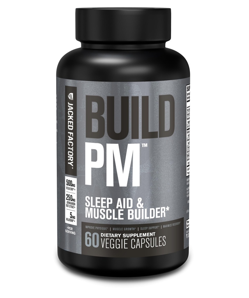 Jacked Factory Build PM Night Muscle Builder & Sleep Aid - Post Workout Recovery & Sleep Supplement w / VitaCherry Tart Cherry, Ashwagandha, & Melatonin - 60 Natural Veggie Pills