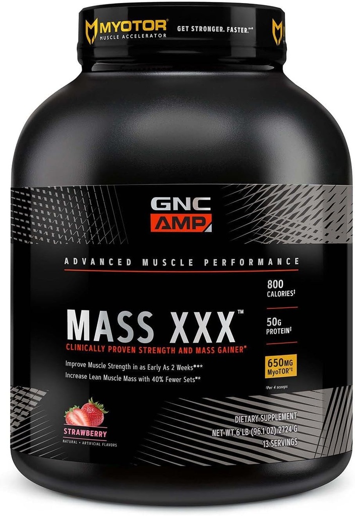 GNC AMP Mass XXX, klinicznie udowodniony Gainer Weight Protein Powder, Poprawia wytrzymałość i rozmiar, 780 Kalorii, 50g białka, Mikronizowane aminokwasy, Kreatyna, Betaine, Truskawka, 13 Sług, 6 Funtów