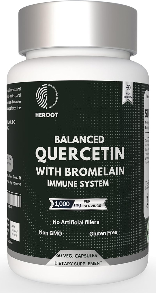 500 mg Quercetin z Bromelain kapsułki: Wsparcie dla układu oddechowego Non-GMO 124; Gluten wolny 124; Wspiera ogólne zdrowie i dobre samopoczucie (60 kapsułek)