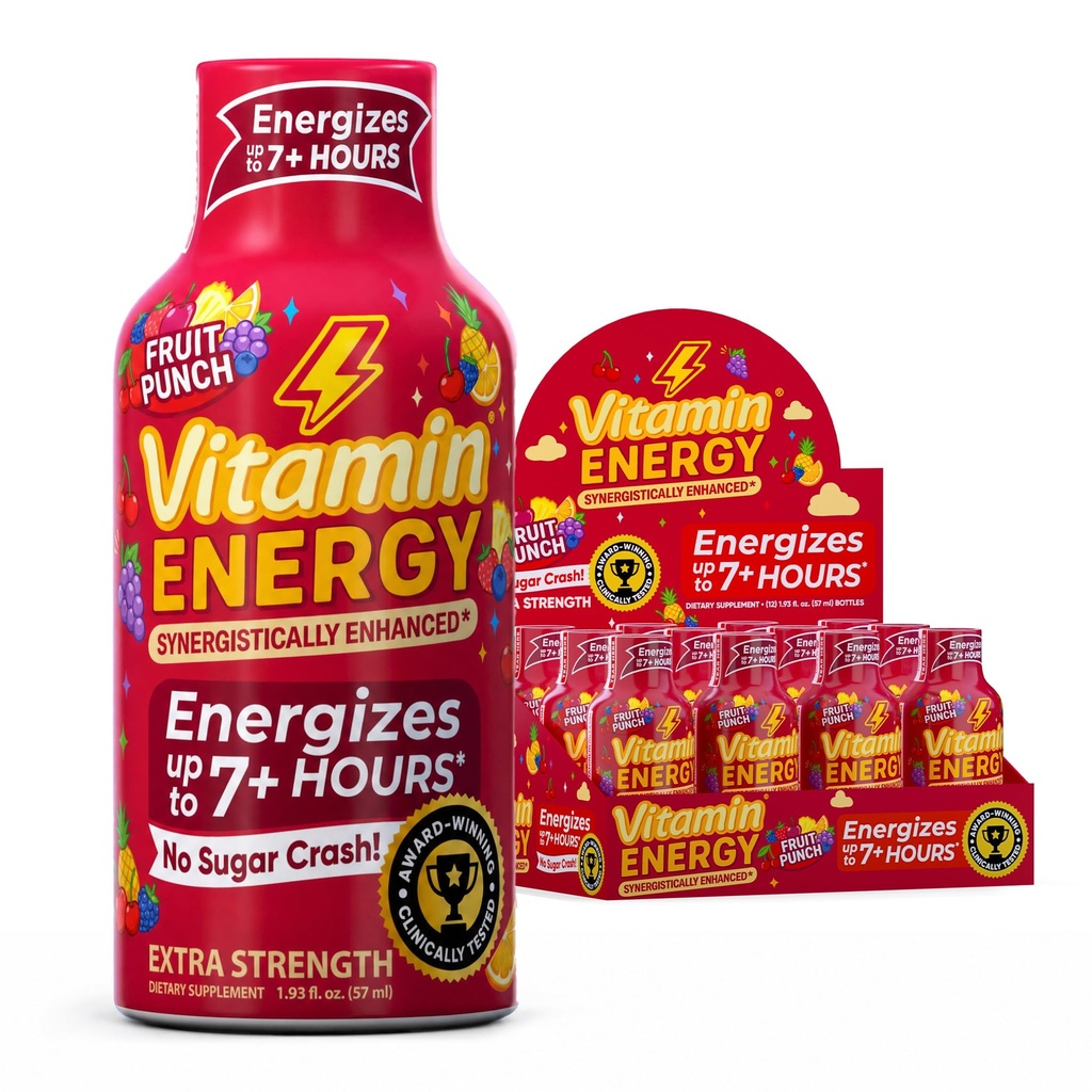 Witamina Energia Immune + Dodatkowa Siła Energy Shot Fruit Punch 12 Pack, 260mg naturalna kofeina, B- witaminy, Citicoline, Zielona herbata, Immunitet & Focus Support, Zero cukru, Gluten- Free 1.93 fl oz