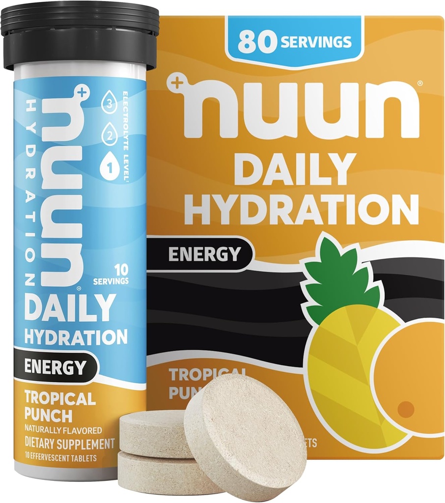 Nuun Energy Electrolyte Tablets with Ginseng, Kofeina z Green Tea Extract, Witamina B12, B6, B5, Magnez & 4 Inne elektrolity, Gluten Free & Vegan, Tropical Punch, 8 Pack (80 Sług ogółem)