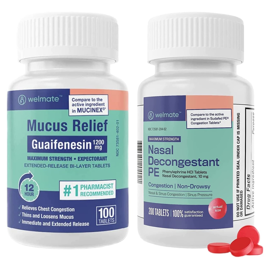 WELMATE Relief Bundle: maksymalna moc Guaifenesin 1200 Mg Mucus Relief (100 tabletek dwuwarstwowych) + Fenylefryna HCl 10 mg Nasal Decongestant PE (200 tabletek) Sinus, Cold & Allergy Support