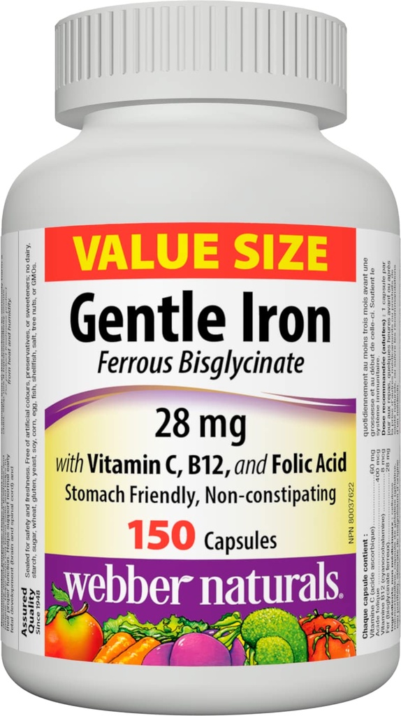 Webber Naturals Gentle Żelazo Suplement z Witaminą C, B12 i Kwas foliowy, 28 mg, 150 Kapsułek, Przyjazne do jamy ustnej, Nie - Zatwardzenie, Pomaga zapobiegać niedobory żelaza Niedokrwistość
