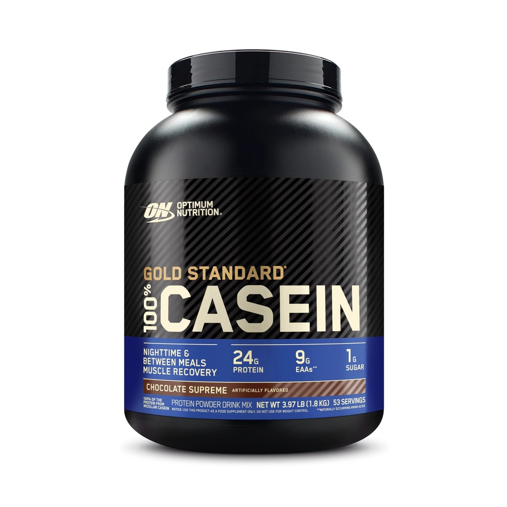 Optimum Nutrition Gold Standard 100% Proszek z kazeiny mikrokrystalicznej, Wolne trawienie, Pomaga zachować pełne, Ostry odzysk mięśni, Czekolada Najwyższa, 4 Funt (Opakowania maja Vary)