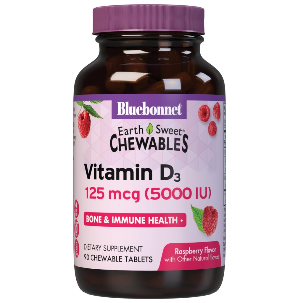 Bluebonnet Nutrition Earth Słodka witamina D3 5000 IU Tabletki do żucia, Pomoc w mięśniach i wzrost szkieletu, Nie GMO, Gluten & Soi & Mleko wolne, Kosher, Malina, Biały, 90 Hrabia