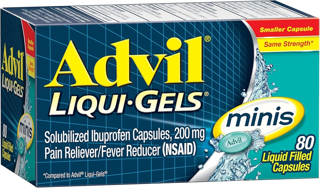 Advil Liqui- Gels Minis Reliever Pain i Fever Reducer, Medycyna przeciwbólowa dla dorosłych z Ibuprofen 200mg dla łagodzenia bólu - 80 Kapsułki napełnione płynem