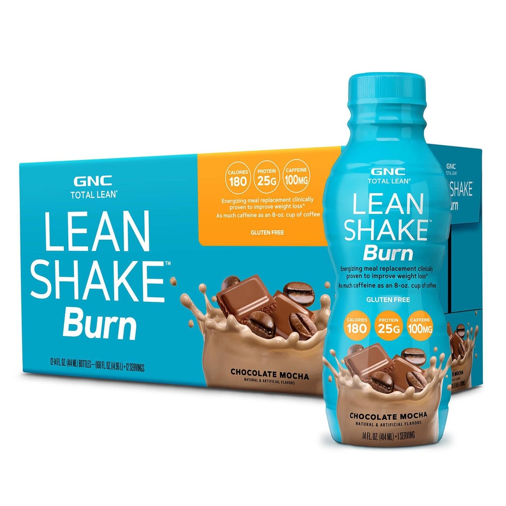 GNC Lean Shake Burn With Cafeline, Meal Replacement, Czekoladowy Mocha, 25 g białka, Klinicznie sprawdzone zarządzanie wagą, Gotowy do picia, Zero dodanego cukru, 14 Oz butelek, Opakowanie po 12
