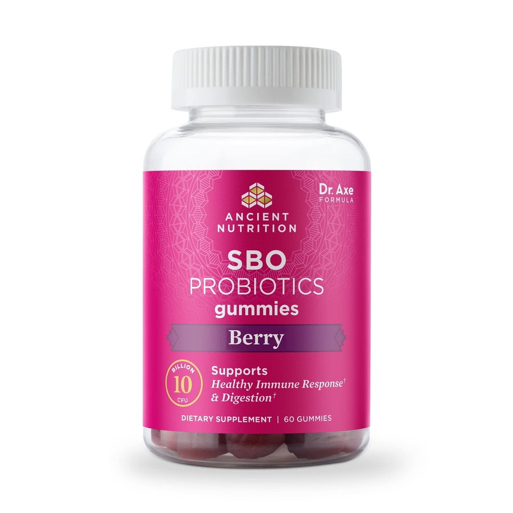Ancient Nutrition Probiotics, SBO Probiotics Berry Gummies 10 Miliard CFU * / Podawanie, Zdrowe odżywcze i immunologiczne Wsparcie Response, Gluten Free, Zmniejsza sporadyczne Bloating, 60 Hrabia