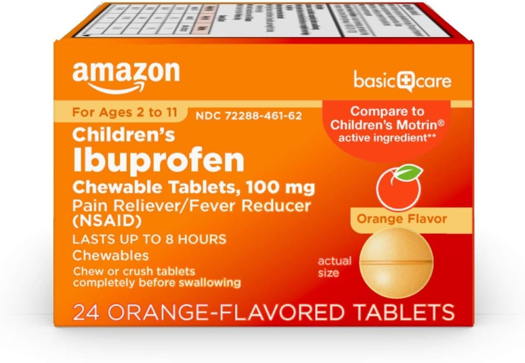 Ibuprofen Ibuprofen tabletki do żucia dla dzieci, 100 mg, Reliever bólowy i zmniejszenie gorączki, Pomarańczowy aromat, Na achy, bóle brzucha, ból gardła, ból zęba i ból głowy Relief, 24 Count
