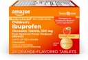 Ibuprofen Ibuprofen tabletki do żucia dla dzieci, 100 mg, Reliever bólowy i zmniejszenie gorączki, Pomarańczowy aromat, Na achy, bóle brzucha, ból gardła, ból zęba i ból głowy Relief, 24 Count