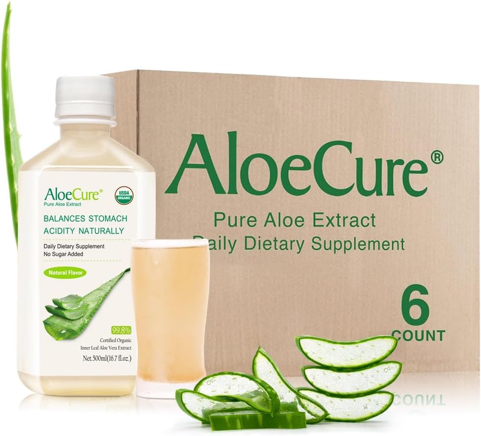 AloeCure USDA Organic Aloe Vera Sok wyprodukowany w ciągu 12 godzin zbiorów - Czysty sok Aloe Natural Digestive Suplement do wsparcia trawienia, System immunologiczny i zbalansowany kwasy żołądkowe, 6 x 500 ml butelek