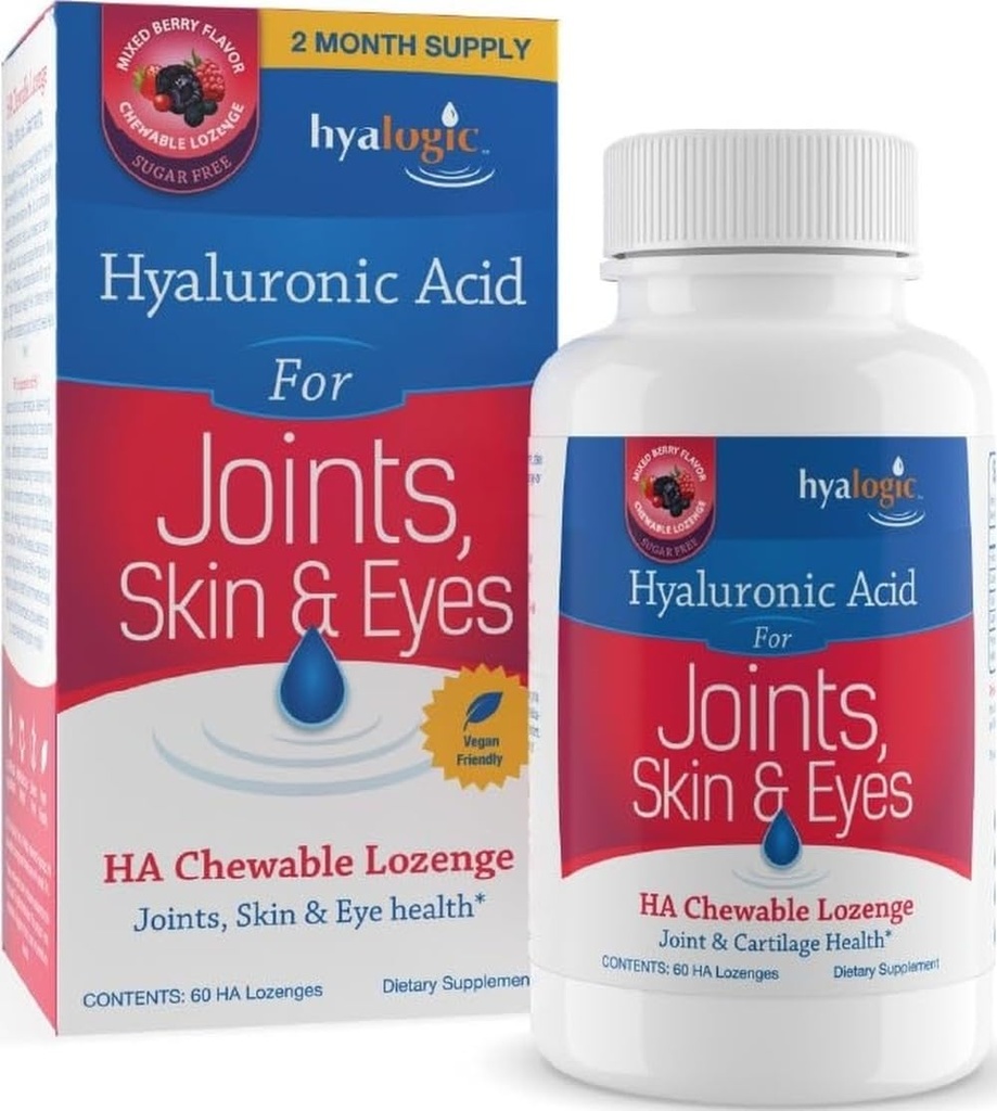 Hyalogic Hyaluronic Acid Chewable Lozenge - Tabletki do rozgryzania i żucia dla pielęgnacji skóry i oczu - Wegan, Bez cukru i Berry Favored Hyaluronic Acid Supplements (60 Count)