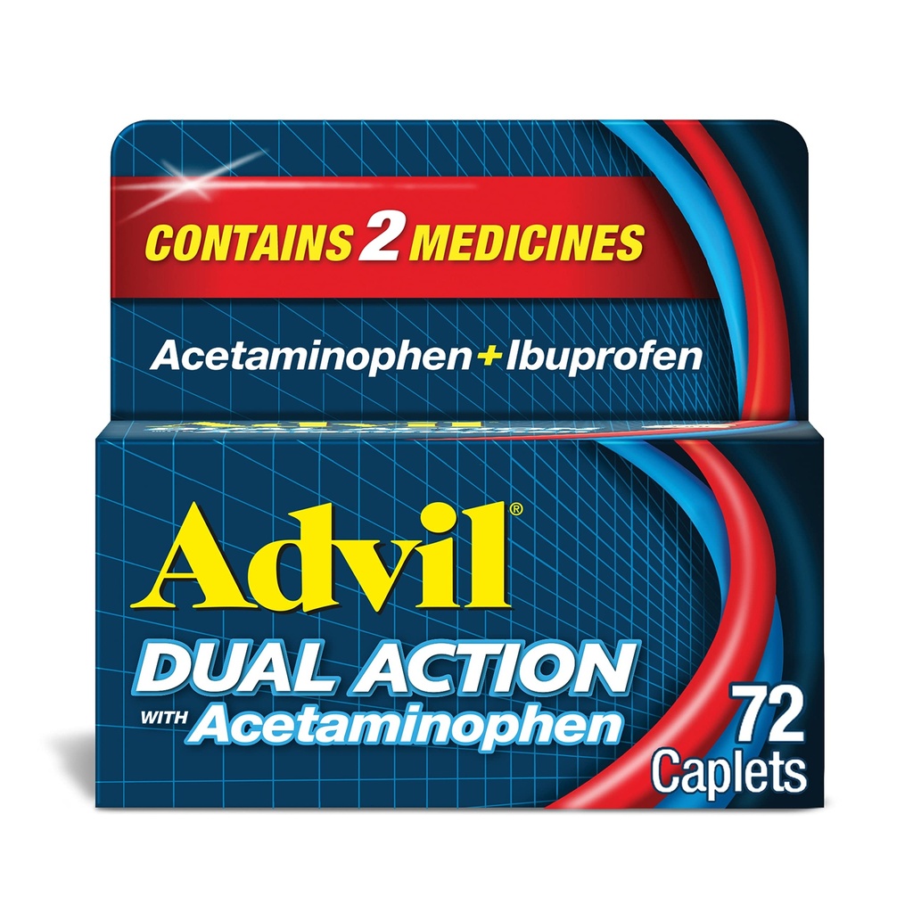 Advil Dual Action Coated Cappets z acetaminofenem, 250 Mg Ibuprofenem i 500 Mg acetaminofenu na dawkę (2 dawka równoważna) dla 8-godzinnej ulgi bólowej - 72