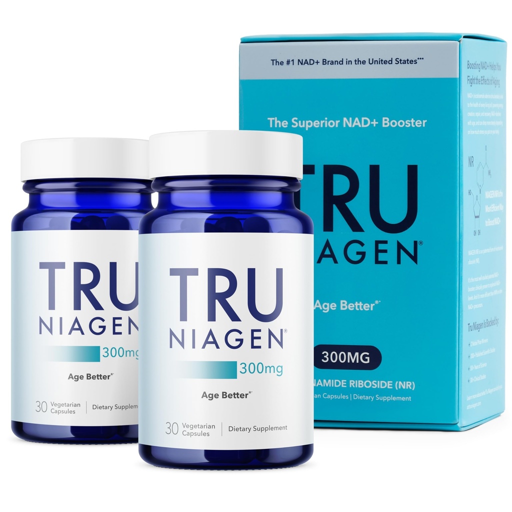TRU NIAGEN Opatentowany suplement NAD do antystarzenia się i regeneracji komórek, 300mg Niagen, 30 Służenia 124; Wspomaga energię komórkową, Mózg, Mięśnie 124; Nikotynamid Ribozyd (NR) Weź 1 Codziennie 124; 2 Butelki