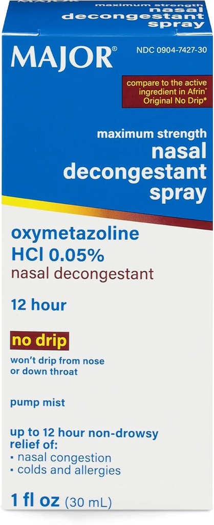 MAJOR Maksymalna siła Nasal Decongestant Spray, Oxymetazoline HCl 0,05% Pompa Mist, Non- Drowsy Nasal Spray, do 12- godzinna ulga od zatok nosowych, Przeziębienia, i alergie 1 Fl. Oz. (1- Pack)