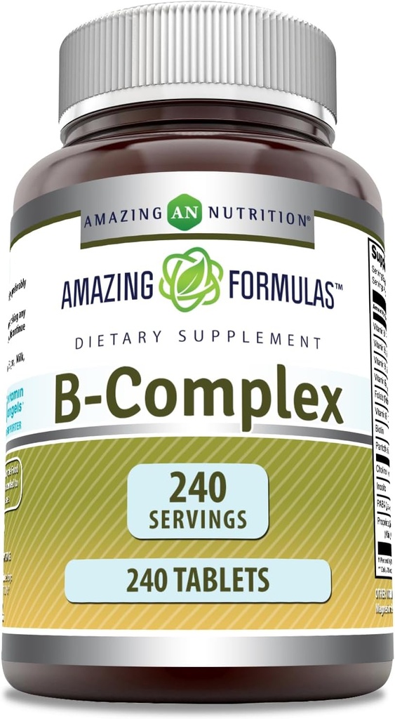 Amazing Complex witaminy B z 11 Kluczowe składniki odżywcze 124; Suplement tabletek EB124; Witamina B1, B2, B3, B6, B12, Kwas foliowy, Biotin, Cholina, Inozytol, PABA (240 Count)