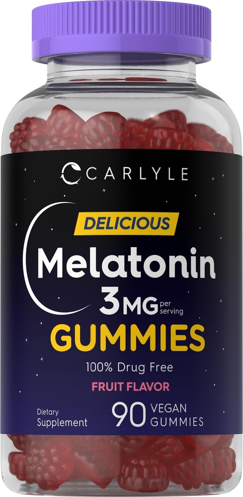 Carlyle Melatonin Gummies 3mg < 124; 90 Count < 124; Fruit Flavor Gummy Supplement < 124; 100% Drug Free Support > 124; Vegan, Non-GMO, Gluten Free