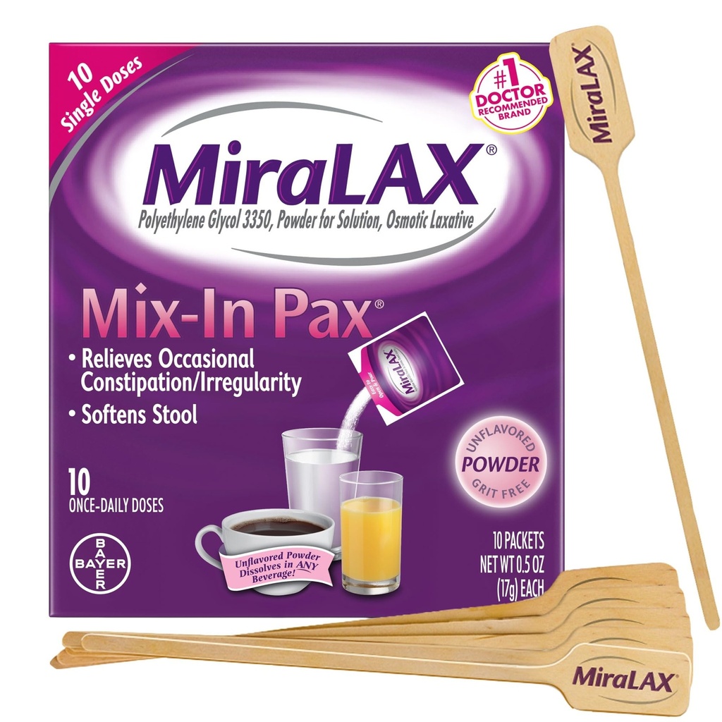 MiraLAX Delikatne zaparcia Relief Laxative Powder, Stool Softener z PEG 3350, Brak ostrych skutków ubocznych, Pojedyncza dawka Mix- W Pax z mieszającymi mieszadłami, Pakiet podróżny, 10 Dawka