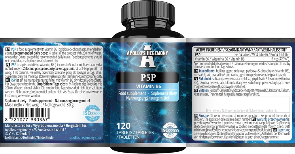 Piridoxal- 5- Fosfat (P- 5- P) 50 mg na tabletkę - 120 tabletek wegańskich - Dostawa dla 480 Servings - Wspomaga Nerwy i Funkcje Psychologiczne - Suplement diety witaminy B6 - przez Apollo Hegemony