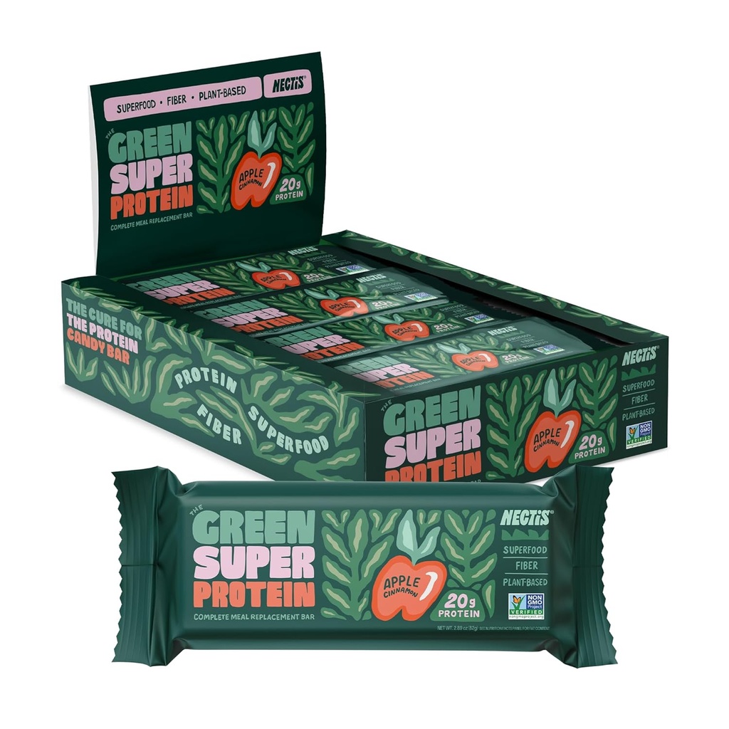 Nectis Zielony Super Protein Meal Bars, Apple Cynamon, 20g białka roślin, Organic Zielonych, wysokiej błonnika, wegan, no soy, non gmo, 82g Bar, 8 pack